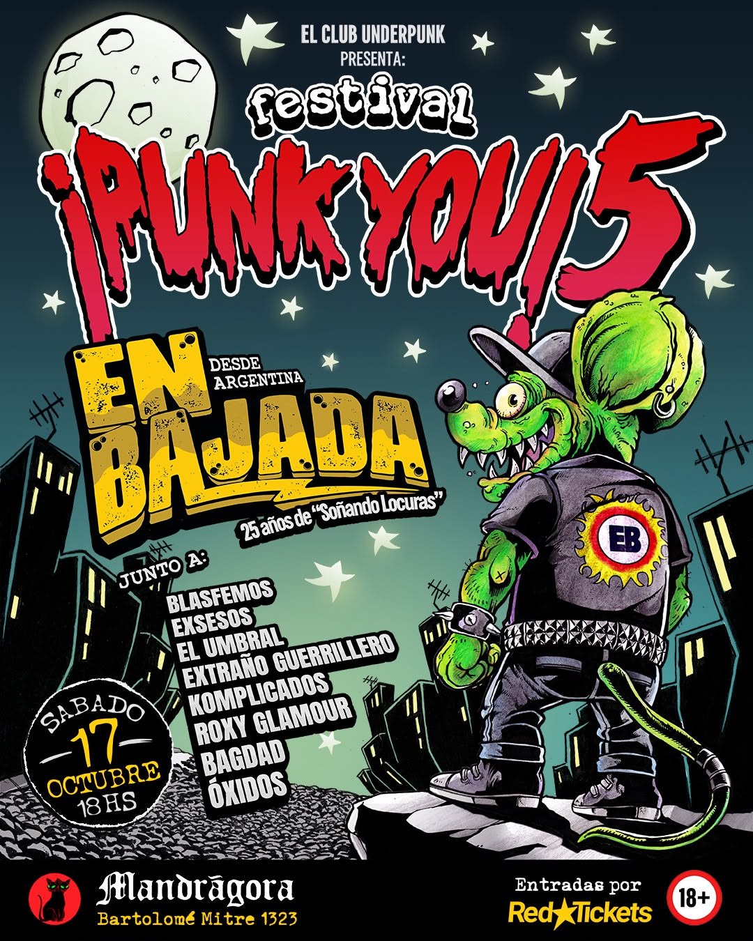 Cartel del Festival ¡Punk You! 5 en Mandrágora (Montevideo), con En Bajada como cabeza de cartel