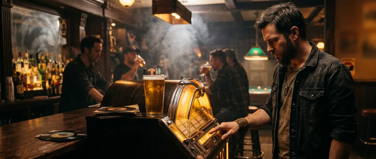 Un cliente elige canción en la gramola del bar