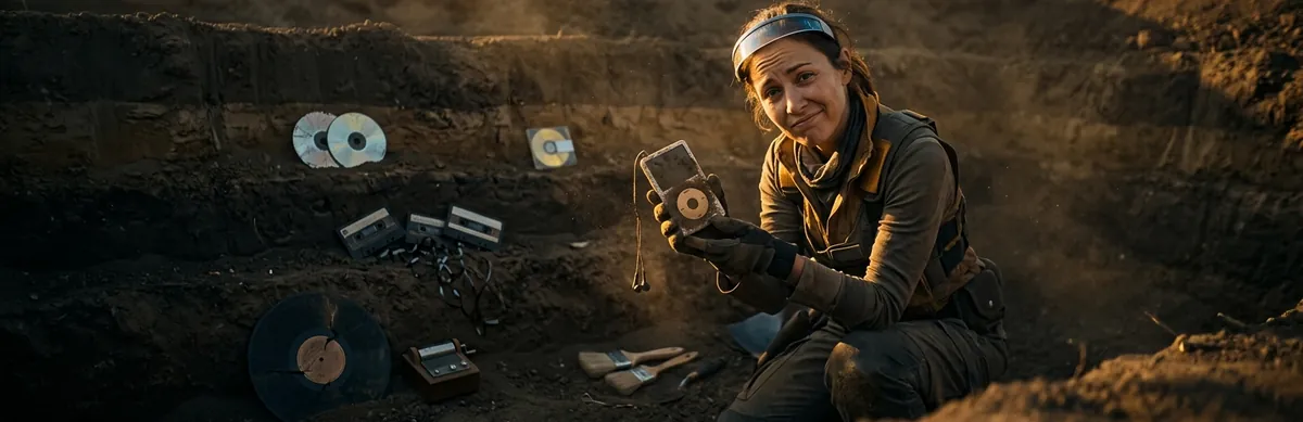 Arqueóloga del futuro con un reproductor de música desenterrado