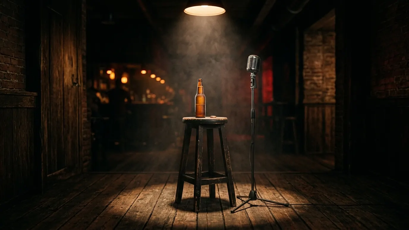 Un taburete vacío bajo un foco, con una birra y un micro antiguo